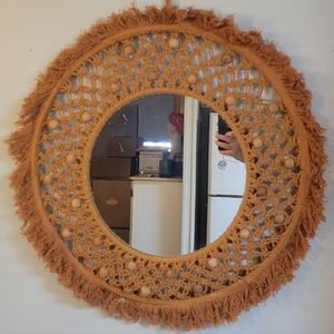 Large Handmade Macrame Mirror, Boho Sunburst Tassel Decor, 20" Wide